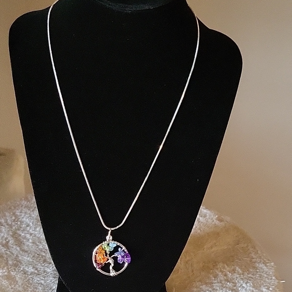 Silver Abstract Pendant Necklace with Colorful Design